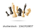 Realistic chess pieces jumping in group set. 3d vector king, queen bishop and pawn horse rook Black and white chess figures for strategic board game. Intellectual leisure activity symbol.
