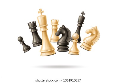 Realistic chess pieces jumping in group set. 3d vector king, queen bishop and pawn horse rook Black and white chess figures for strategic board game. Intellectual leisure activity symbol.