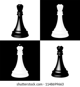 Realistic chess pieces on black and white chessboard cells. The Black King and the Black Queen. White king and white queen.