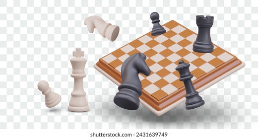 Realistic chessboard, floating black and white chess pieces. Vector poster in cartoon style