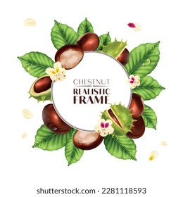 Realistic chestnut frame with organic nuts leaves and flowers vector illustration