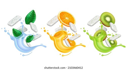 Realistic chewing gum. 3D splashes juice or water with bubblegum pads and fresh fruits. Refreshing mint leaves and splatter. Orange and kiwi slices. Vector dental care