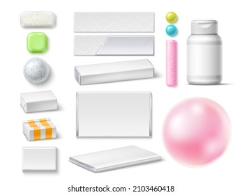 Realistic chewing gum. Different types bubblegum. Chewy refreshing pads or plates. Isolated balls and bars for teeth hygiene. Various 3D packaging options. Jar and