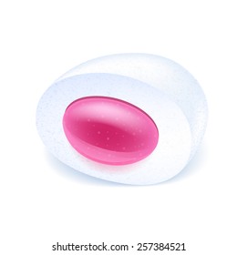 Realistic chewing gum pellet with berry pink filling isolated on white background. Strawberry bubble gum.