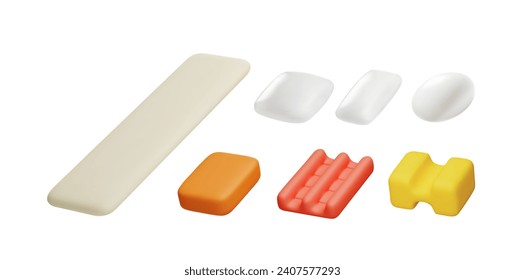 Realistische Kaugummis in verschiedenen Formen Platte, Pad, Pille. 3D-Vektorgrafik-Set. Schaumgummi mit minzem, fruchtigem oder beerischem Geschmack einzeln. Mundfrischer, Zahnschutz. Render kaue Süßigkeiten