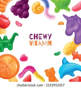 Realistic chewy jelly vitamin frame composition with empty space surrounded by images of sweet gum candies vector illustration