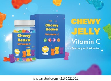 Realistic chewy jelly vitamin poster background with product packages editable text and flying bear shaped candies vector illustration