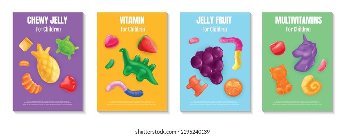 Realistic chewy jelly vitamin poster set with four isolated vertical backgrounds with text and lollipop icons vector illustration