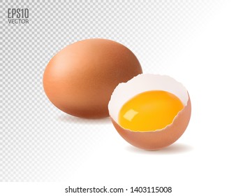 Realistic chicken eggs with egg yolk on a transparent background. Design element. Isolate. Vector, 3d illustration