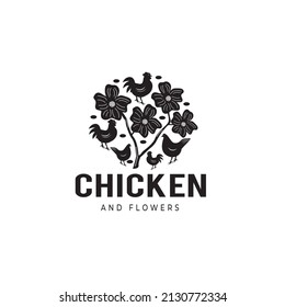 Realistic chicken vector design illustration, beautiful rooster and flowers, template