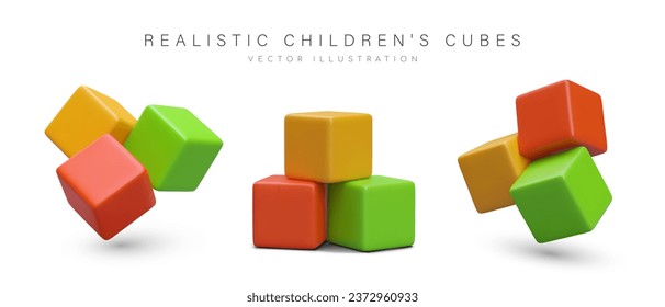 Realistic children cubes in different positions. 3d toys concept. Colorful poster for toy store with place for text. Vector illustration in red, green and yellow colors