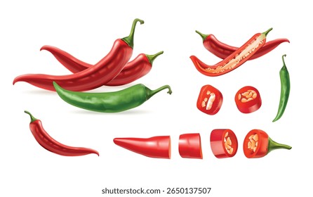 Realistic chili pepper. 3d red hot peppers, spicy fresh vegetable cayenne isolated paprika natural cooking spice mexican kitchen hottest sauce food, set exact vector illustration original artwork