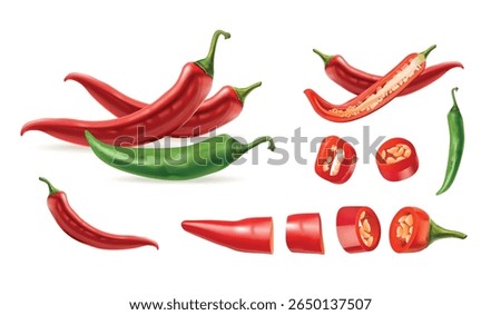 Realistic chili pepper. 3d red hot peppers, spicy fresh vegetable cayenne isolated paprika natural cooking spice mexican kitchen hottest sauce food, set exact vector illustration original artwork