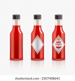 Realistische Chilischoten Flasche Produkt Mockup Set. Tomate, exotisch, Tabasco, Grill, würzig, Ketschupsauce in Glasflasche einzeln auf transparentem Hintergrund.