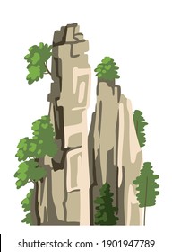 Realistic chinese mountain. Cartoon hand-drawn rock for asian landscape. Isolated vector element on a white background. Flat illustration. 