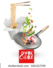 Realistic chinese noodles in cardboard box, wok with flying ingredients including vegetables, shrimps, mushrooms vector illustration