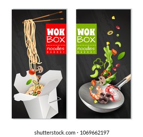 Realistic chinese noodles in carton box, wok with flying ingredients banners on black background isolated vector illustration