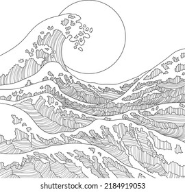 Realistic chinese style graphic sea waves and sun sketch template. Cartoon vector illustration in black and white for games, background, pattern, decor. Coloring paper, page, story book, print
