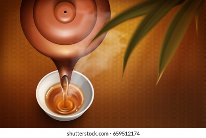 realistic Chinese tea pot and hot tea 3d illustration