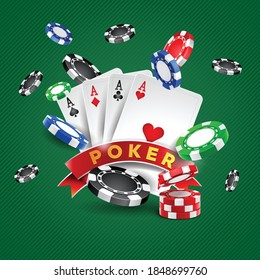 Realistic chips falling on stack, realistic gambling tokens and playing cards. Online gambling and gaming. Poker and blackjack, winning theme
