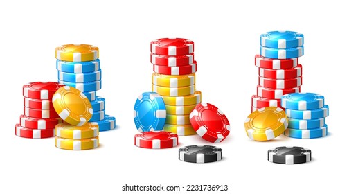 Realistic chips stacks. Colored round game tokens pile different colors elements, poker gambling, roulette, betting accessories, 3d isolated playing objects, utter vector set