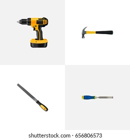 Realistic Chisel, Claw, Sharpener And Other Vector Elements. Set Of Tools Realistic Symbols Also Includes Tool, Screwdriver, Drill Objects.