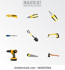 Realistic Chisel, Hacksaw, Electric Screwdriver And Other Vector Elements. Set Of Tools Realistic Symbols Also Includes Clippers, Hatchet, Arm Objects.