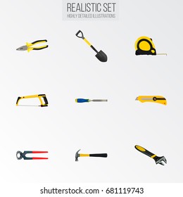 Realistic Chisel, Length Roulette, Wrench And Other Vector Elements. Set Of Instruments Realistic Symbols Also Includes Spanner, Roller, Tape Objects.