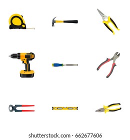 Realistic Chisel, Plumb Ruler, Pliers And Other Vector Elements. Set Of Instruments Realistic Symbols Also Includes Clippers, Electric, Tool Objects.
