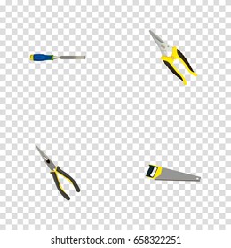 Realistic Chisel, Scissors, Nippers And Other Vector Elements. Set Of Tools Realistic Symbols Also Includes Nippers, Saw, Clippers Objects.