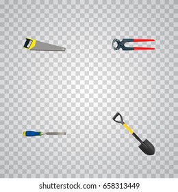 Realistic Chisel, Spade, Hacksaw And Other Vector Elements. Set Of Instruments Realistic Symbols Also Includes Saw, Chisel, Pincers Objects.
