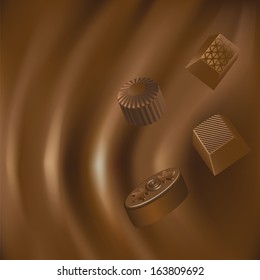 Realistic chocolate background with set of candy