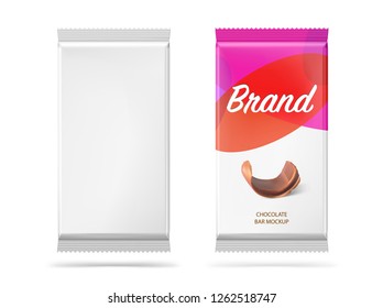 Realistic chocolate bar mockup with example. Vector illustration isolated on white background. Easy to use for presentation your product, idea, design. EPS10.
