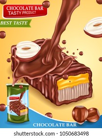 Realistic chocolate bar with nuts. Splashes with pack. Creative illustration