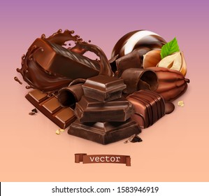 Realistic Chocolate. Chocolate bar, splash, candy, pieces, shavings, cocoa bean and hazelnut. 3d vector