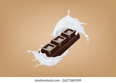 Realistic chocolate bar splash into milk, perfect for dairy ads, sweet treats branding, dessert packaging, and marketing visuals.