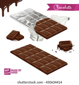 Realistic chocolate bar wrapped in foil. Pieces of chocolate from different angles. Decorative corner of the molten chocolate.