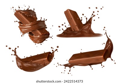 Realistic chocolate bars with splashes and melt cream. Isolated 3d vector delicious, delightful cocoa treats, decadent choco dessert with a mesmerizing swirls and crown splatters, captured mid-air