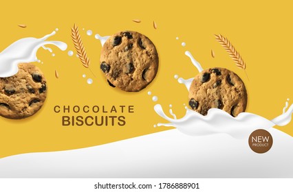 Realistic chocolate biscuits, wheat cookies with splash milk, delicious dessert, sweet product bakery, vector illustration