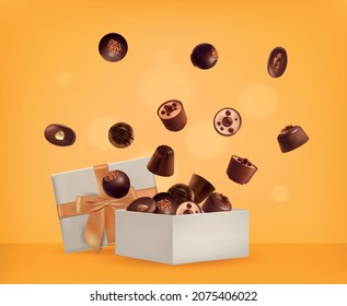 Realistic chocolate box composition with images of flying choco candies with orange bow on blurry background vector illustration