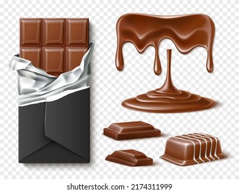 Realistic chocolate cacao. Icing candies, dark and milk pieces, smudges and jets, healthy sweets, whole and pieces, chocolate addiction, bar in foil, confectionery snack utter vector set