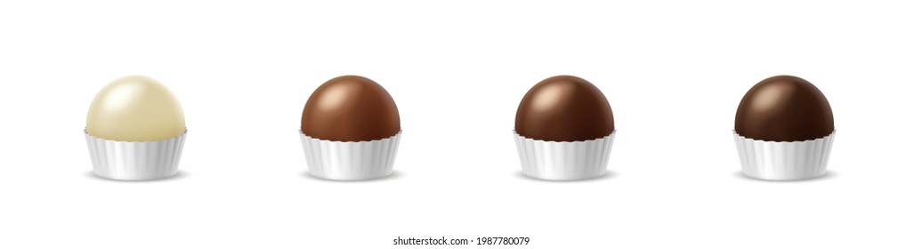 Realistic chocolate candies set of white, milk and dark chocolate taste in paper wrapper isolated on white background. Tasty bon bon, sweet dessert icons. 3d vector illustration