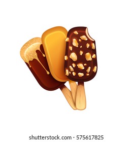 Realistic chocolate and caramel ice cream eskimo with topping and nuts on white background realistic vector illustration