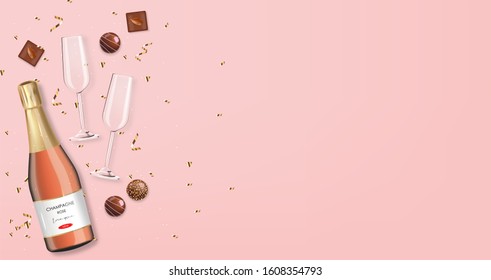 Realistic chocolate, champagne and lights, delicious dessert pattern, valentine's day, love banner, top view chocolate pralines collection, rose champagne vector illustration