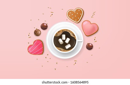 Realistic chocolate, coffee and cookies, valentine's day banner, love card sale, delicious dessert, pink background, gold conffeti, romantic concept vector