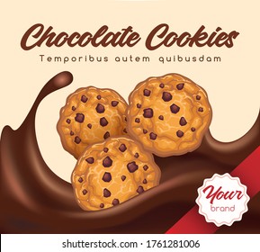 Realistic Chocolate Cookies. Healthy Breakfast, Brand Banner For Packaging Biscuit, Falling Of Delicious Round Cookie In Chocolate Splash On Design Background