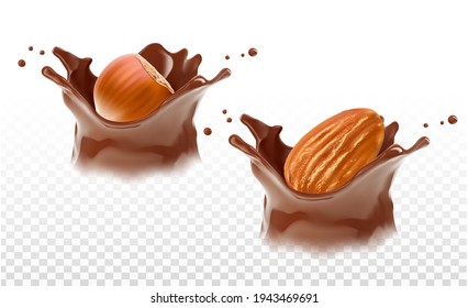 Realistic chocolate corona splash with nuts. Vector illustration isolated on white background. Сan easily be used for different backgrounds. EPS10.	