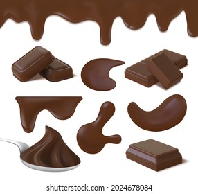 Realistic chocolate cream puddles, cocoa butter and bar pieces. Dark chocolate swirl on spoon, liquid icing border and melt drop vector set. Illustration of cream cocoa, chocolate dessert isolated