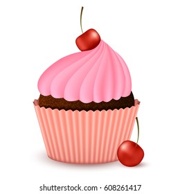 Realistic chocolate cupcake muffin with pink cream and cherry fruit isolated on white. Cute dessert cake pastry sweet sugar cookie sweetmeat. Unhealthy delicious vector illustration