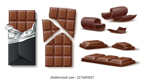 Realistic chocolate. Dark and milk chocolate bars, sweet cocoa product, wrapped, whole and pieces, dessert food, tasty large chips, confectionery snack utter vector isolated set